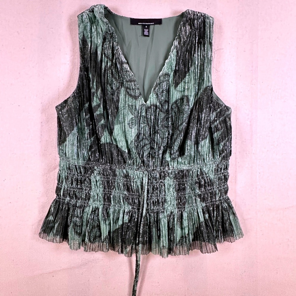 White House Black Market Green Metallic Floral Smocked Peplum Top S 570369682